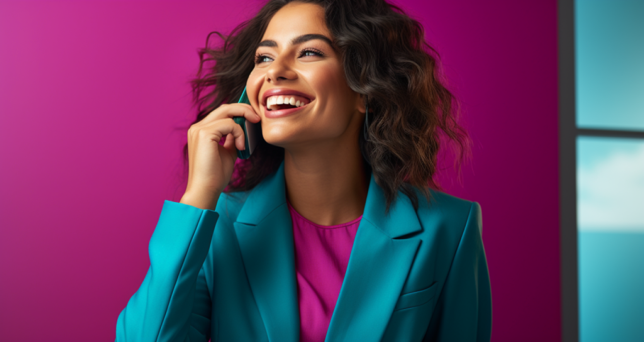 Woman smiling whilst on the phone.